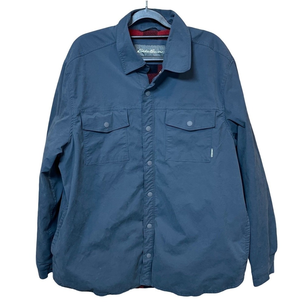 Eddie Bauer Blue Shirt Jacket Fleece Lined Buffalo Plaid Mens Size XL